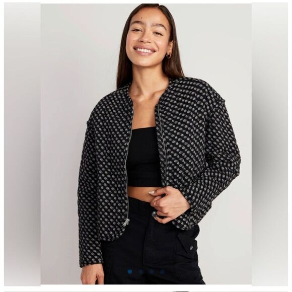 Old Navy Quilted Bomber Jacket Black Polka Dot Print Zip Up Size Medium - Picture 1 of 7